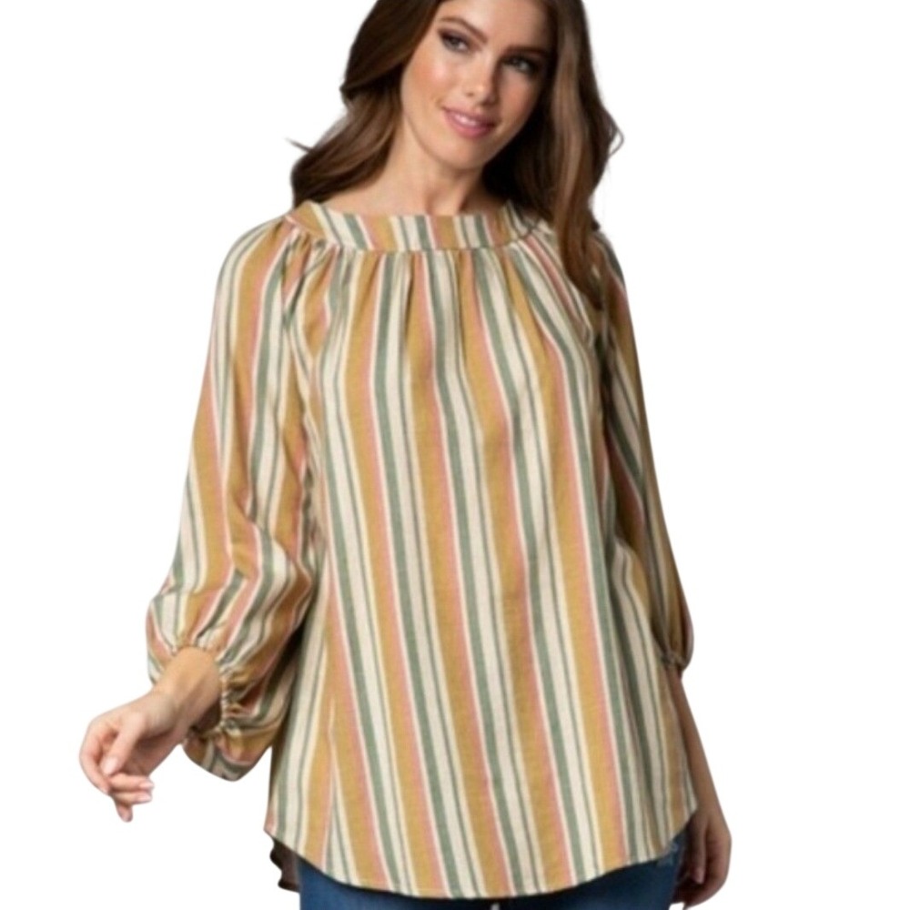 Striped Linen Cottoncore Half Puff Sleeve Blouse‎ Top Rayon Linen Blend Size M